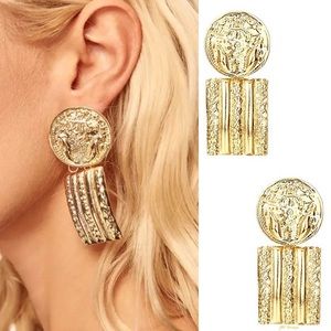 New Shiny Gold Textured Post Drop Fashion Statement Earrings